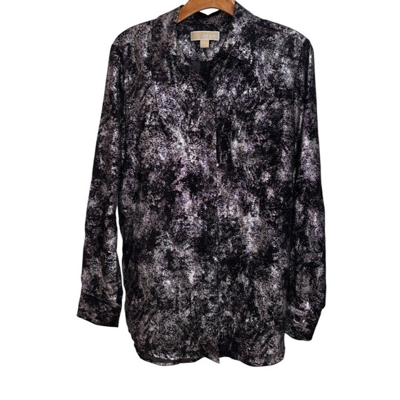 Michael Kors Sheer Metallic Button Up Blouse Women's Medium Career Black Silver - Picture 1 of 9
